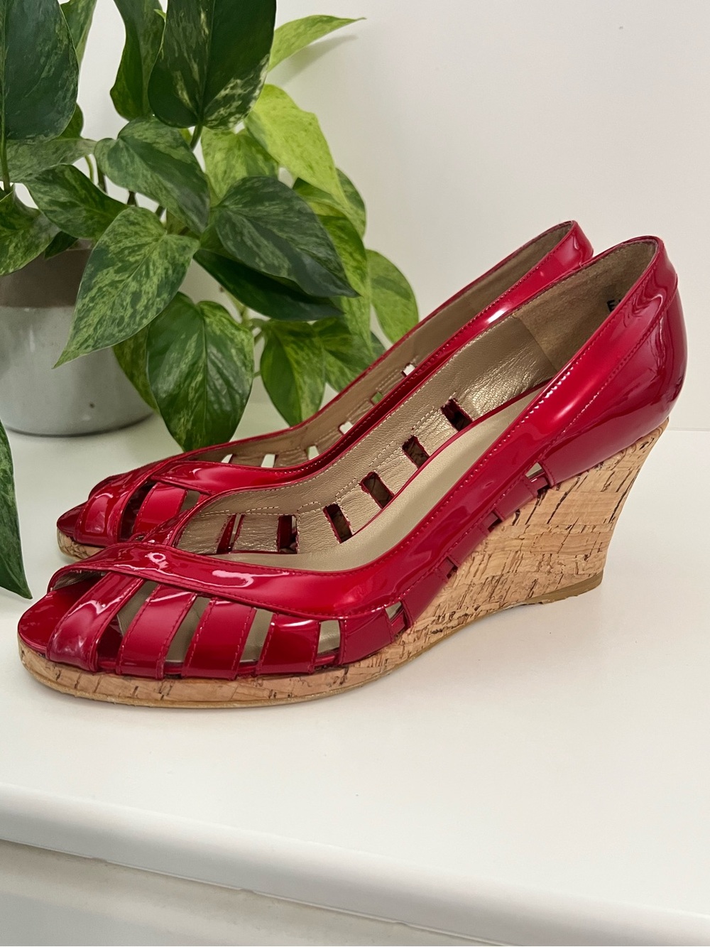 Stuart Weitzman Patent Leather Red Cork Wedge Sandals, Size 8 👠